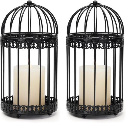 NUPTIO Vintage Bird Cage Lantern: Black Hanging Bird Cage Decor Candle Lanterns for Centerpiece - Large Birdcage Pillar Candles Holder for Halloween Christmas Bridal Shower 10 Inch H