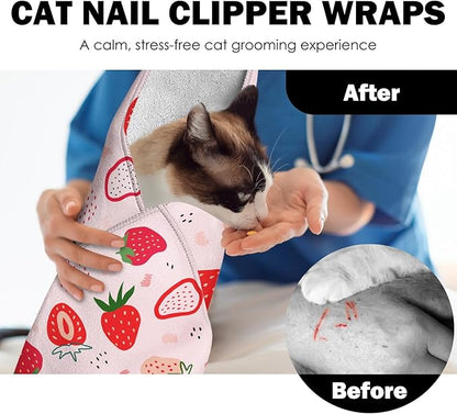27.6" Cat Grooming Wrap, Self Adhesive Cat Wrap for Cutting Nails, Anti-Escape Cat Swaddle Wrap for Medicine Ear Cleaning, Strawberry Anti-Scratch Cats Burrito Restraint Blanket, Pet Tool (6-10 lbs)