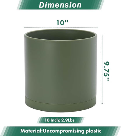 D'vine Dev 10 Inch Plastic Planter Pots for Plant Pot with Drainage Hole and Seamless Saucers, Olive, 74-X-I-2