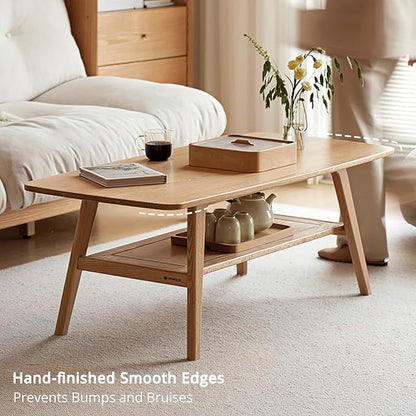 Hymus Coffee Table - 100% Solid Oak Wood- 2-Tier Coffee Table with Storage for Living Room, Eco-Friendly Finish, Easy Assembly (Natural, 39.37" D x 19.69" W x 17.32" H)