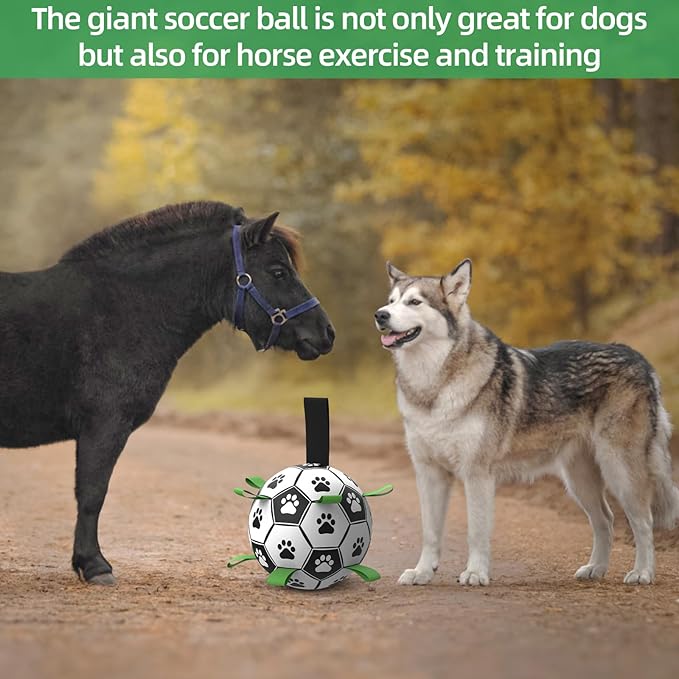 QDAN Dog Toys Extra Large Soccer Ball with Straps, Tug Toy, Water Toy, Durable Dogs Balls World Cup for Large（9 Inch）