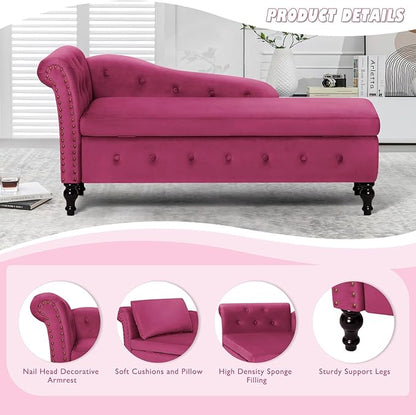 ACMEASE Velvet Chaise Lounge with Left Armrest & Storage Space,Button Tufted Lounge Chair w/Lumbar Pillow,Modern Upholstered Lounge Chair for Bedroom, Living Room and Office, Fuchsia