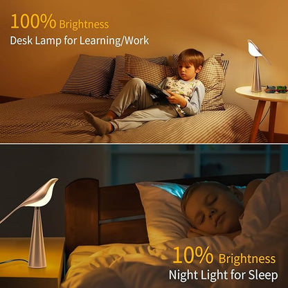 Small Desk Lamp, Bird Lamp, 10 Level Dimmable Brightness Bedside Night Light, Bedroom Table Lamp for Dorm, Office, Gifts, Reading, 3 Colors, Metal Finish, Gold, 360° Rotation