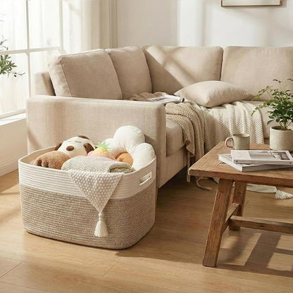 Woven Blanket Basket,65L Large Storage Bin for Blankets Toys Clothes,Decorative Rope Basket for Living Room Bedroom with Handles, White&Oatmeal