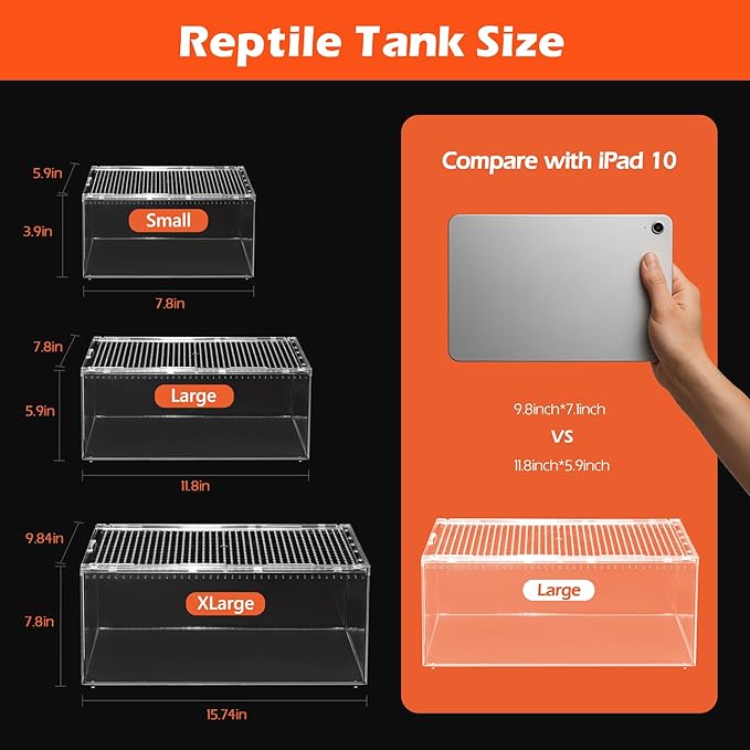AZV Escape Proof Reptile Terrarium,Shatter Proof Polycarbonate Tarantula Tank with Magnetic Lid,Ventilated Spider Enclosure,360° Clear View,Easy Clean Habitat for Gecko,Frogs,Insects,Hermit Crabs S