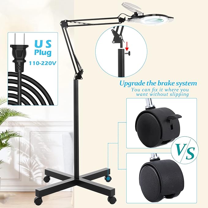 KIRKAS 10X Magnifying Floor Lamp with 4 Wheel Rolling Base for Estheticians 2,200 Lumens LED Magnifier Lighted Glass Len, Adjustable Stand & Swivel Arm Floor Mag Lamp for Reading, Beauty, Lash,Tattoo