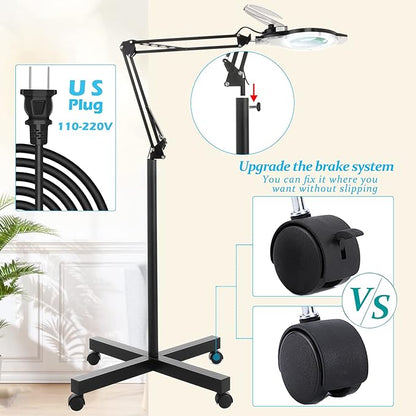 KIRKAS 10X Magnifying Floor Lamp with 4 Wheel Rolling Base for Estheticians 2,200 Lumens LED Magnifier Lighted Glass Len, Adjustable Stand & Swivel Arm Floor Mag Lamp for Reading, Beauty, Lash,Tattoo