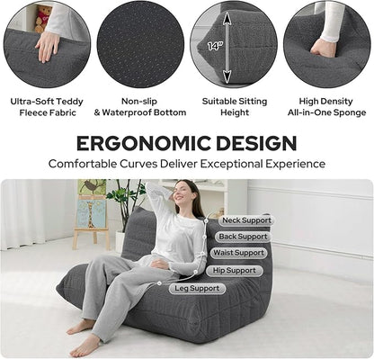 HABUTWAY Bean Bag Chairs Fireside Lazy Floor Sofa, Soft Teddy Fleece 2 Seater Sofa with High-Resilience Foam Filling，Beanbag for Living Room, Bedroom, Office (Dark Grey Teddy)