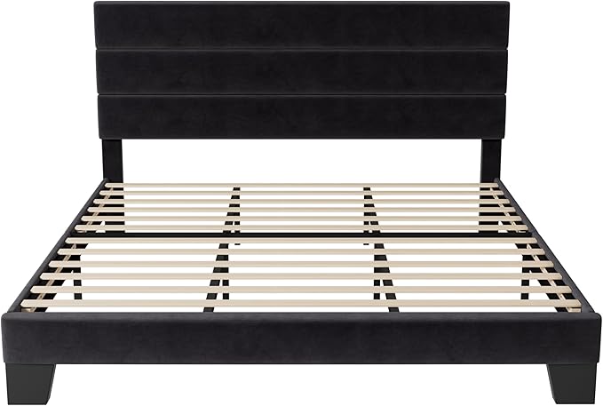 Allewie King Size Platform Bed Frame with Velvet Upholstered Headboard and Wooden Slats Support, Fully Upholstered Mattress Foundation/No Box Spring Needed/Easy Assembly, Black