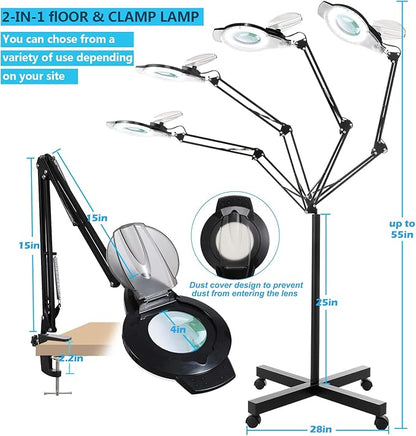 KIRKAS 10X Magnifying Floor Lamp with 4 Wheel Rolling Base for Estheticians 2,200 Lumens LED Magnifier Lighted Glass Len, Adjustable Stand & Swivel Arm Floor Mag Lamp for Reading, Beauty, Lash,Tattoo