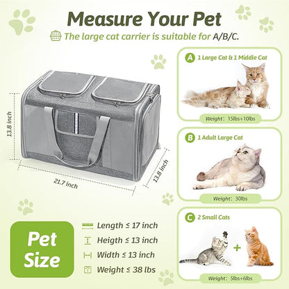 Large Cat Carrier for 2 Cats, 21.7X 13.8X 13.8in Pet Carrier for Cat and Dog Up to 38lbs, All-Sided Mesh Cat Carriers with Great Ventilation, Portable Soft Sided Pet Carriers for Traveling