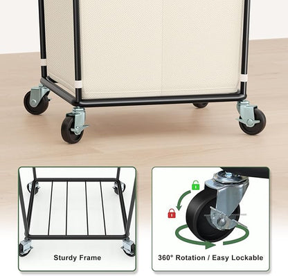 Mefirt 160L Laundry Basket with Wheels, 2 Section Large Rolling Laundry Hamper Bag with Wheels, Clothes Hamper Cart for Laundry, Bedroom, Bathroom and Dorm