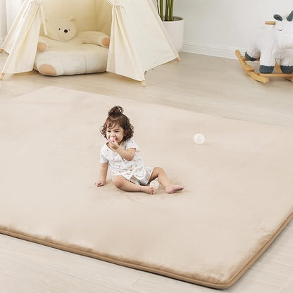 PAPAMAT 1.3" Thick Baby Floor Play Mat 79x158, Basic Padded Foam Mat for Tummy Time Crawling, Non Slip Cushioned for Babies Toddlers Infants Kids (Beige)