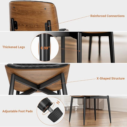 YaFiti Dining Chairs Set of 4, FSC Certified Mid Century Modern Accent Dining Room and Kitchen Chairs, Upholstered PU Leather Diamond Check Chairs with Walnut Bentwood and Metal Legs, Black