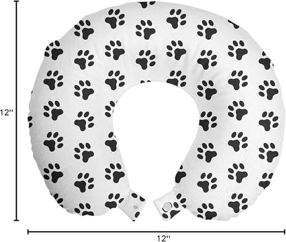 Ambesonne Paw Print Travel Pillow Neck Rest, Puppy Kitten Dog and Cat Themed Repetitive Pet Foot's Stains Concept, Memory Foam Traveling Accessory for Airplane and Car, 12", Grey White