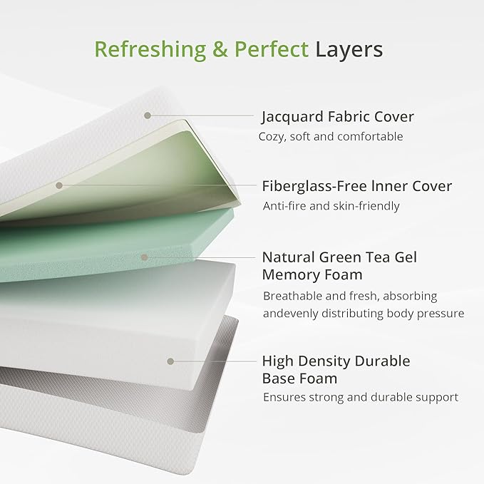 EGOHOME 10 Inch Queen Mattress, Memory Foam Mattress in a Box with Cooling Green Tea Gel, Relieve Pressure with Medium Support, CertiPUR-US Certified, 80''L x 60''W, White