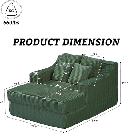 47" Boneless Chaise Lounge Chair Indoor,No Assembly Single Sleeper Upholstered Boneless Couch with 4 Pillows,Comfy Pet Friendly High Weight Capacity Foam for Bedroom,Living Room,Study Room,Green