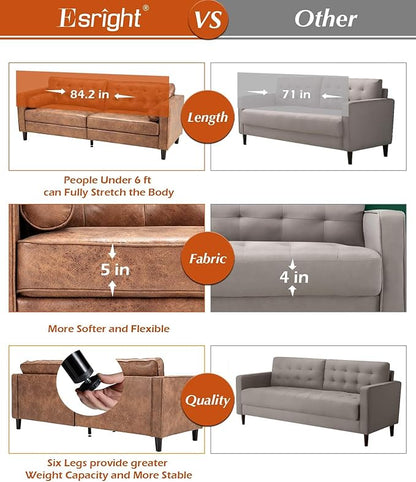 Esright Mid Century Modern Faux Leather Sofa, 84.2-Inch 3-Seater Vintage Couch with 2 Bolster Pillows, Large Brown Sofa for Living Room, Apartment, Office