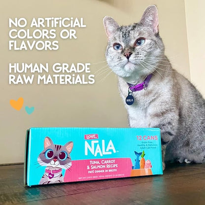 LOVE, NALA - Natural Adult Cat Wet Food - Pate Tuna, Carrot, & Salmon Recipe - Grain Free, Non-GMO, Digestive Fiber Blend, Minerals, Vitamins - 12 Pack 2.4 lbs.