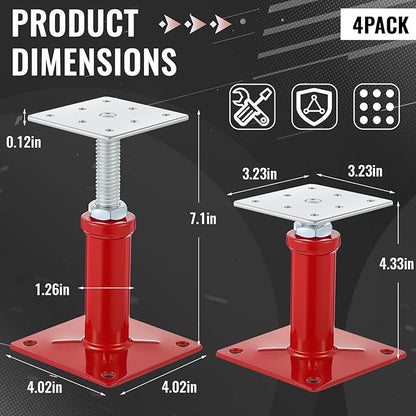 Yaocom 4 Pcs Adjustable Jack Post, 4.3-7 Height Range, Basement Floor House Screw Jacks for Lifting Joist Beam Brace for Cellar Ceiling, Center Point Load Capacity 11023 Lbs, Red