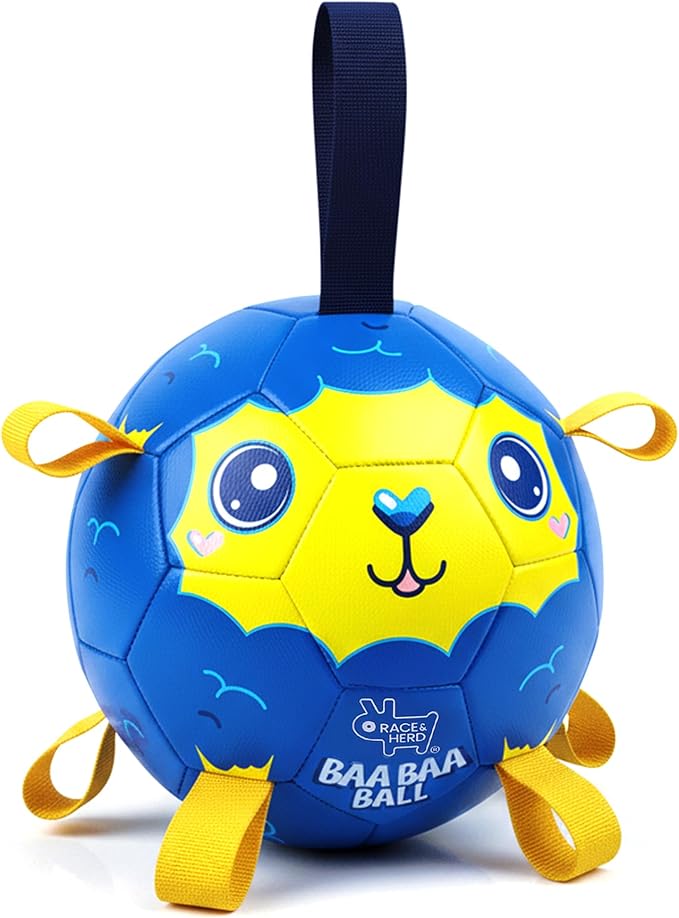Race&Herd 8" Jolly Soccer Ball for Dogs - Tough Durable Dog Ball Toy with Straps, Pet Bouncy Herding Balls for Dogs, Floating Dog Balls with Tags for Water Fetch (BaaBaaBall, BaaBaa Sheep)