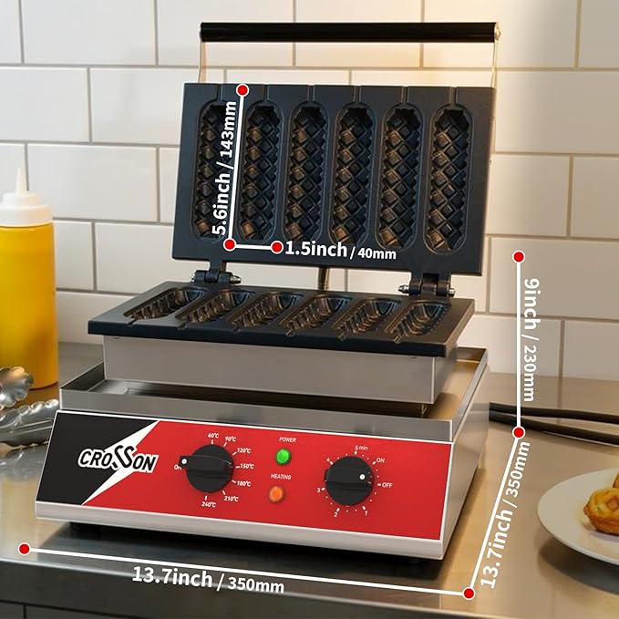 CROSSON Commercial 6PCS Waffle Stick Maker, Non-Stick Triple-Layer Coating Corn