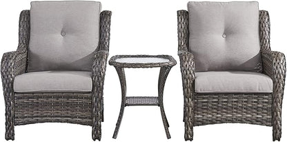 Rilyson Patio Bistro Set Wicker Chairs - 3 Piece Outdoor Rattan Conversation Set with 2 Armrest Chair and 1 Side Table for Proch Deck Garden Backyard Balcony(Mixed Grey/Grey)