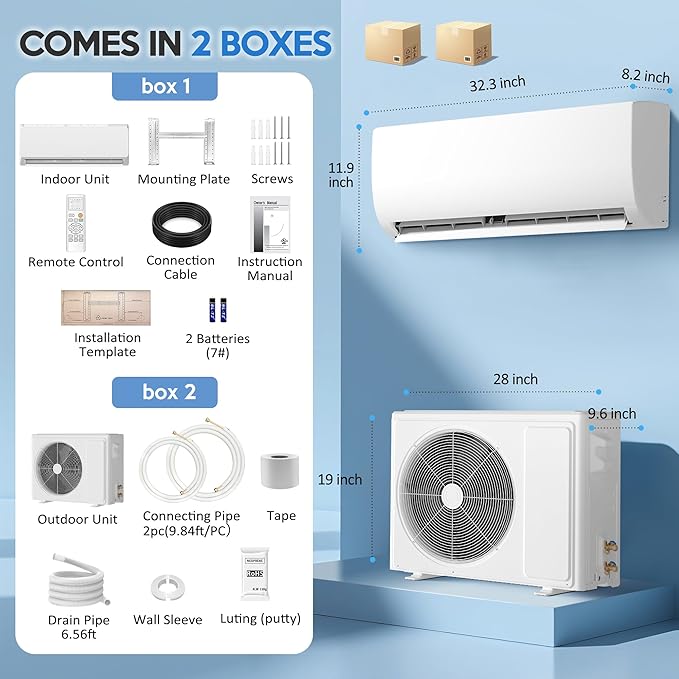 9000 BTU Mini Split Air Conditioner ＆ Heat Pump, 115V Wall Mount Ductless
