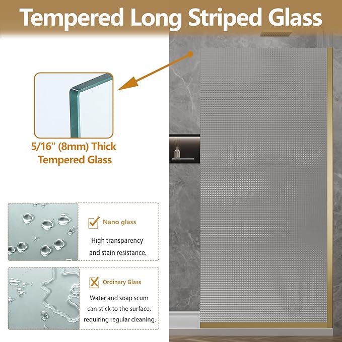 36"x76" Fixed Glass Shower Door, Square Pattern Textured Privacy 5/16" Thick