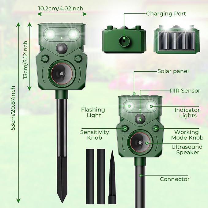(2 Pack) Solar Ultrasonic Animal Repellent Outdoor, Motion Activated, IP65 Waterproof, Discourage Unwanted Animals in Yard, Deer, Coyote, Cats, Squirrel, Raccoon & Skunk with LED Flashing Lights
