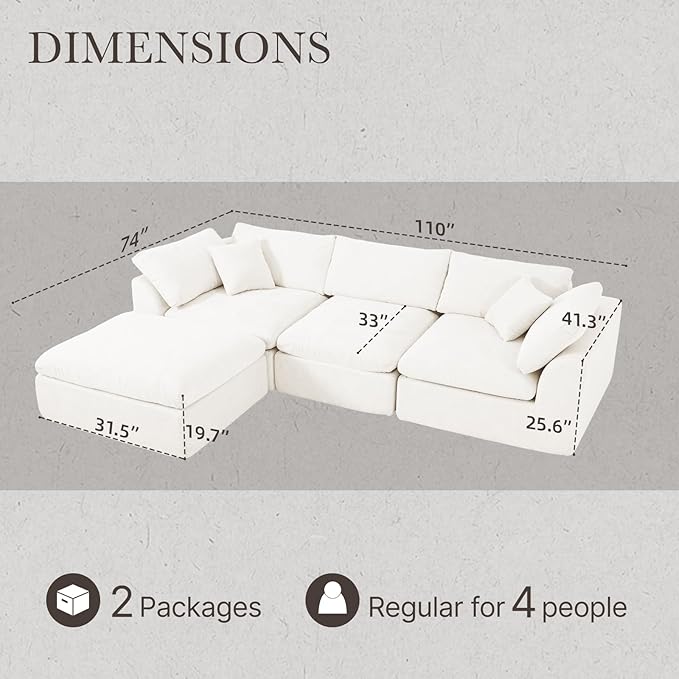 Cloud Modular Sectional Sofa Couch,110” L Sofa with Wide Armrest, Modern High-Density Sponge Compressed Sofa Couch for Living Room, Bedroom,No Assembly Needed (White, 3 Seats+1 Ottoman)