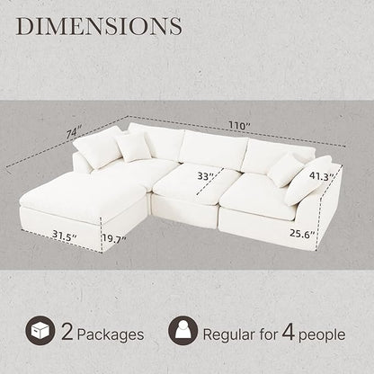 Cloud Modular Sectional Sofa Couch,110” L Sofa with Wide Armrest, Modern High-Density Sponge Compressed Sofa Couch for Living Room, Bedroom,No Assembly Needed (White, 3 Seats+1 Ottoman)