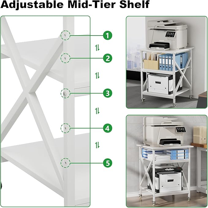 Ollieroo 3 Tier Printer Stand, Large Table with Wheels, Rolling Cart with Height Adjustable Middle Storage Shelf, 23.6 x 23.6 x 30.3 Inches Shelf for Home Office, White
