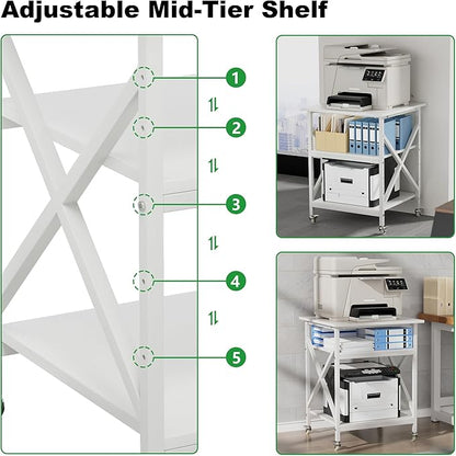 Ollieroo 3 Tier Printer Stand, Large Table with Wheels, Rolling Cart with Height Adjustable Middle Storage Shelf, 23.6 x 23.6 x 30.3 Inches Shelf for Home Office, White