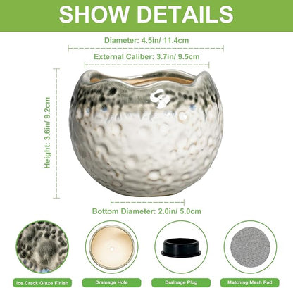 Ceramic Plant Pots 4 Inch - Small Ceramic Planter with Drainage Hole and Plug, Modern Unique Pots for Plants Indoor Outdoor, Decorative Round Planter, Home Decor, Garde Gifts, Beige-Grey
