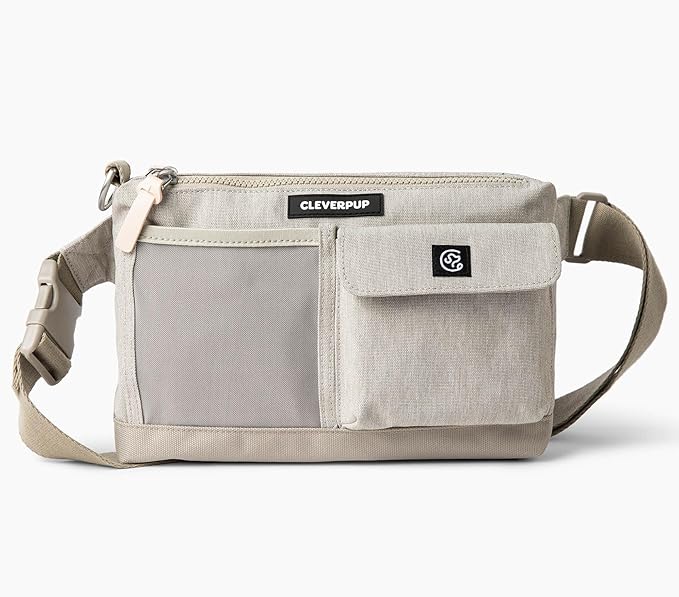 Dog Walk & Train Sling Bag - Hands-Free 2-In-1 Treat Pouch, Poop Bag Holder, Clicker, Phone Pocket - Crossbody/Fanny Pack, Adjustable Strap - Sand