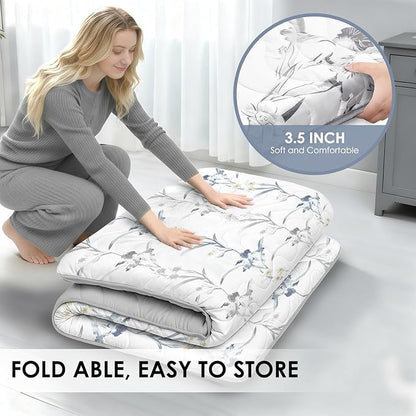 Japanese Floor Mattress, 3.5" Thicken Ink Wash Floral Pattern Portable Futon Mattress, 100% High-Density Foam Tatami Mat Sleeping Pad for Camping Guest Room Dormitory RV, White, Twin