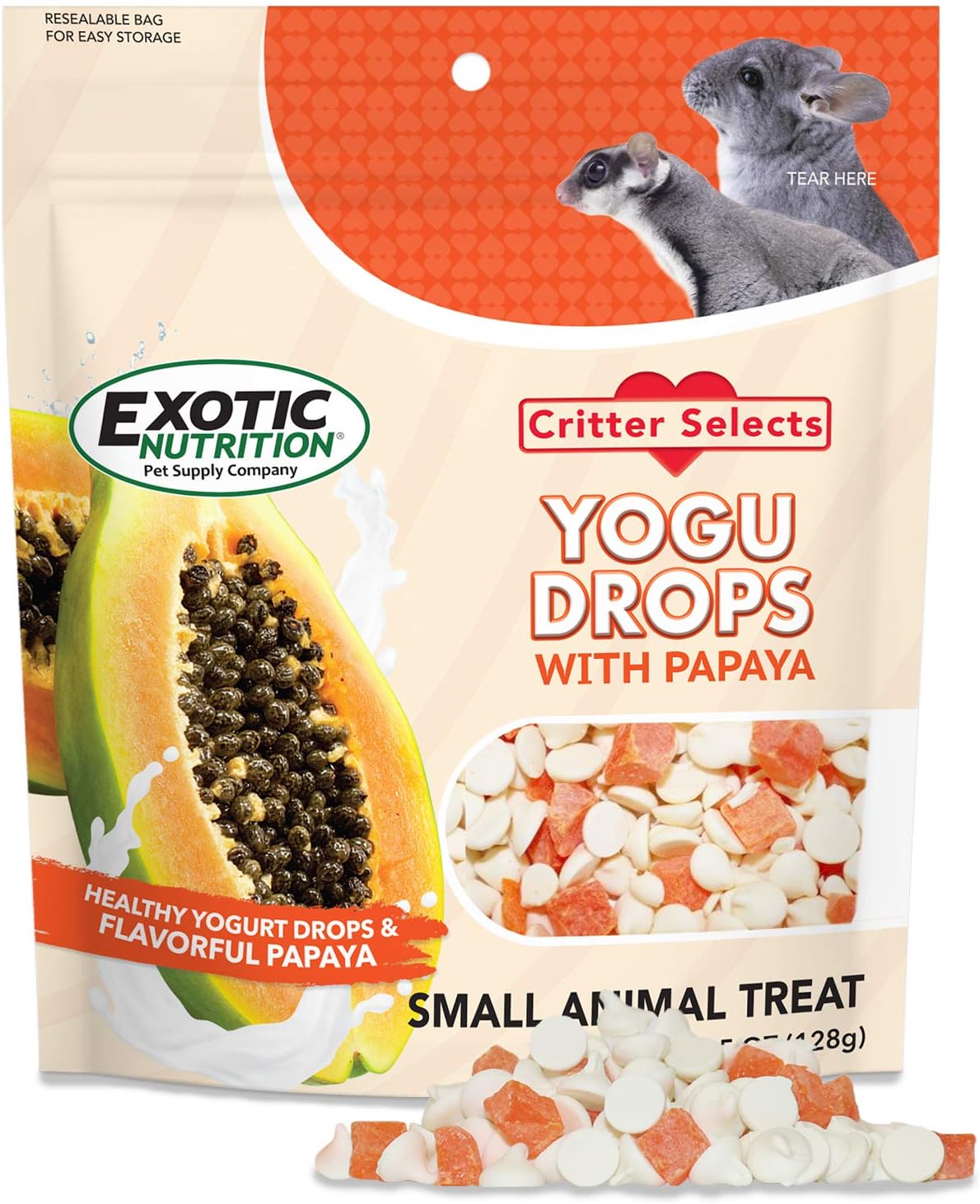 Yogu Drops With Papaya (4.5 oz.) - Healthy Natural Fruit & Yogurt Treat - For Sugar Gliders, Rats, Chinchillas, Ferrets, Parrots, Hamsters, Squirrels, Hedgehogs, Guinea Pigs, Rabbits & Small Pets