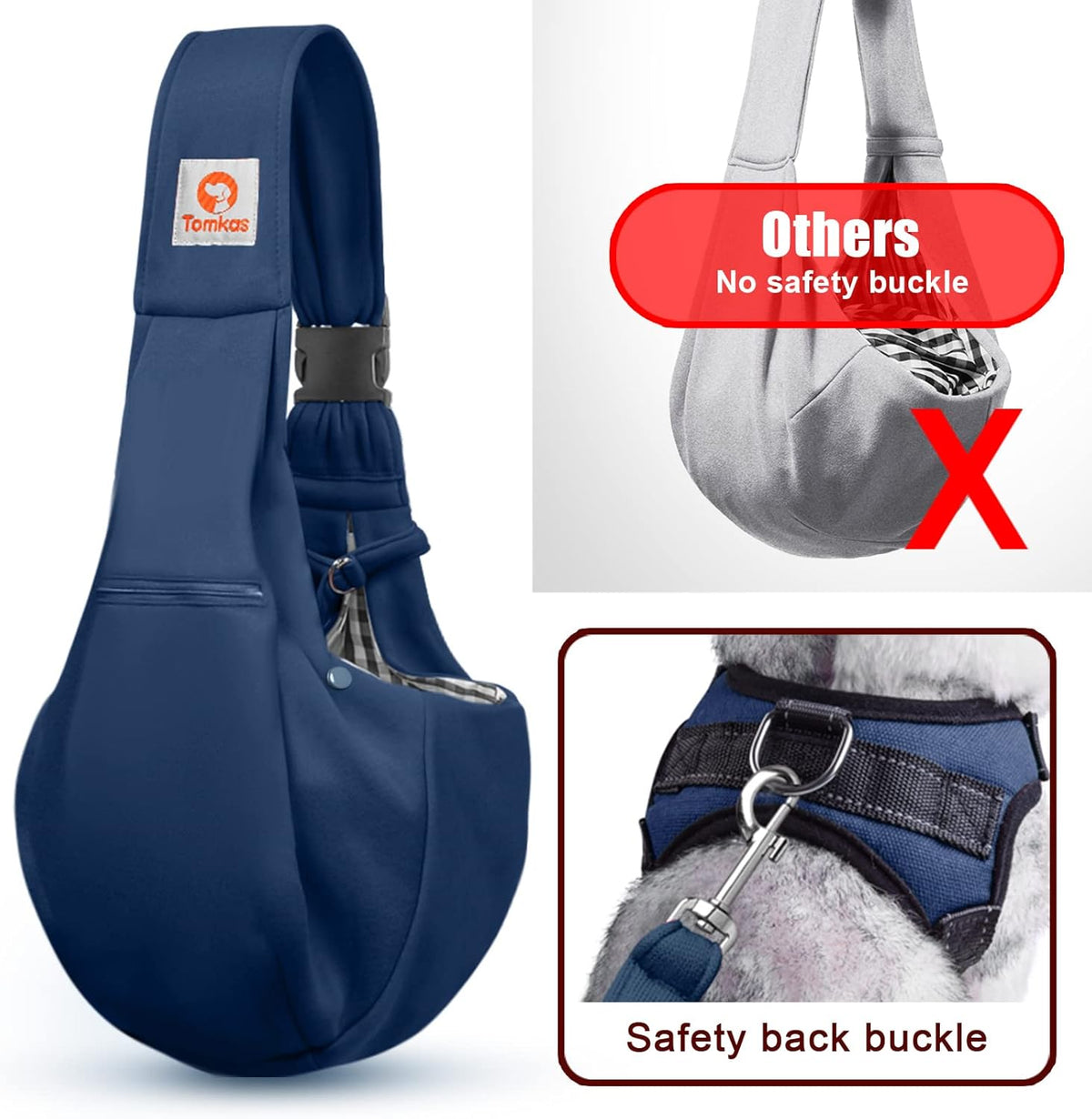 Tomkas Small Dog Sling Carrier - Zipper Pocket & Adjustable Strap - for 3-10 lbs Pets(Dark Blue)