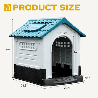 DWVO 26.8'' Plastic Foldable Dog House for Small Dogs, Waterproof Folding Pet House with Adjustable Top Window and Elevated Base (26.8''L x 22.4''W x 26''H)