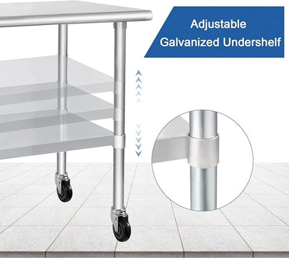 HARDURA Stainless Steel Table with Wheels 30 x 48 Inches Casters NSF Heavy Duty Commercial Work & Prep Table with Undershelf and Galvanized Legs for Restaurant Kitchen Bar and Hotel Garage