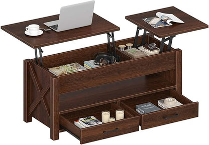 Seventable Coffee Table, 47.2" Lift Top Coffee Table with 2 Storage Drawers and Hidden Compartment, Farmhouse Center Table with Wooden Lift Tabletop, for Living Room,Espresso