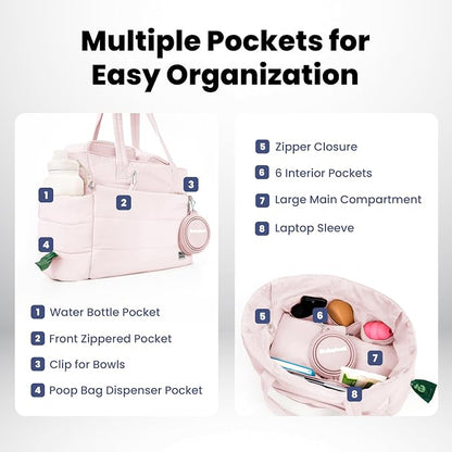Puffer Dog Travel Bag for Dog Moms, Diaper Bag with Travel Bowls | 2 BPA-Free Collapsible Bowls, 2 Pet Food Containers, 9 Pockets, Everyday Puffer Bag Works With or Without Your Dog, Soft Pink