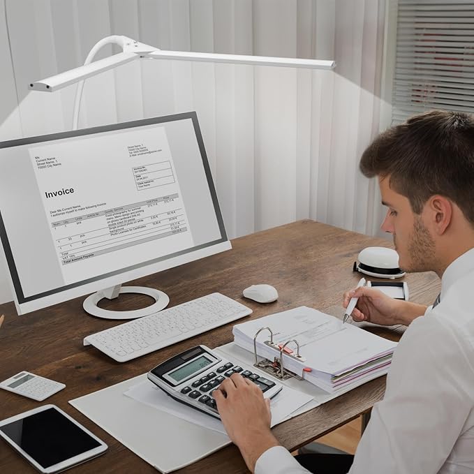 LED Desk Lamp, Double Head Desk Lamps for Home Office, Dimmable 25 Lighting Modes Bright Desk Lighting,12W 1400lm Eye-Caring Architect Table Lamp for Workbench Monitor Reading Study, White