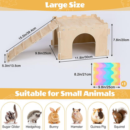 Guinea Pig Hideout, Guinea Pigs House with Stairs and Mats Extra Large Guinea Piggy Castle Detachable Hideouts for Small Animals Wooden Guinea Pig Habitats with Multiple Doors and Windows