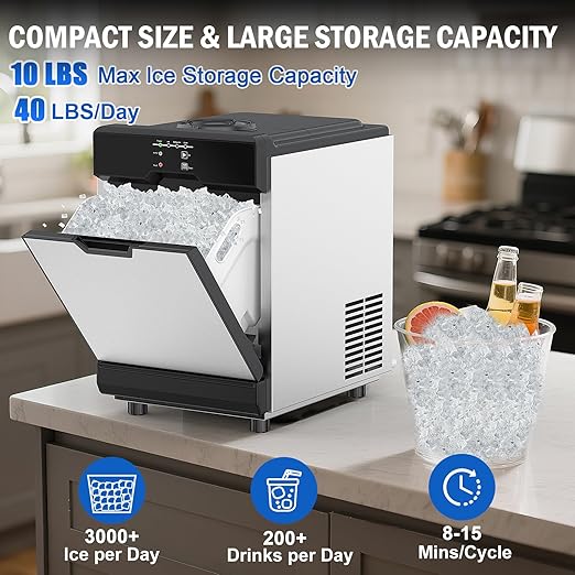 Nugget Ice Maker Countertop 40 LBS/Day, 10 LBS ice Bin, Soft Chewable Pellet