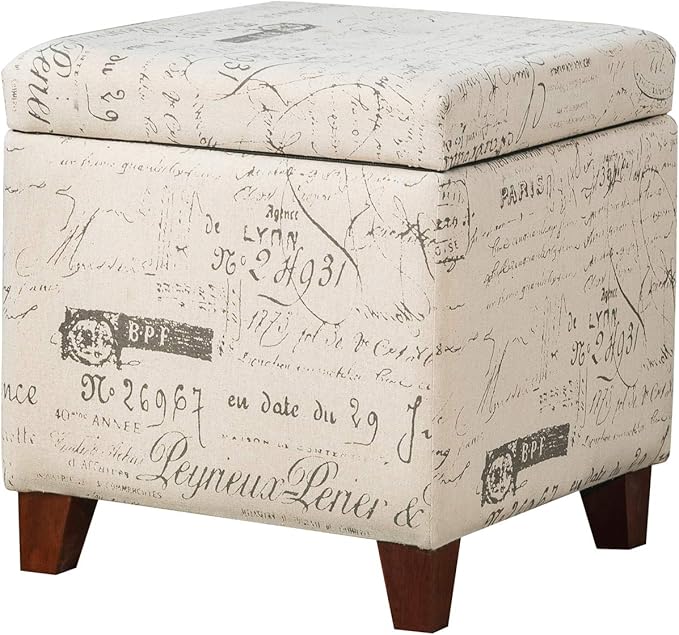 Adeco Fabric Script Pattern Cube Storage Footstool, Hinged Lid, Solid Wood Legs, 18" Height Ottomans & Storage Ottomans, Cream White