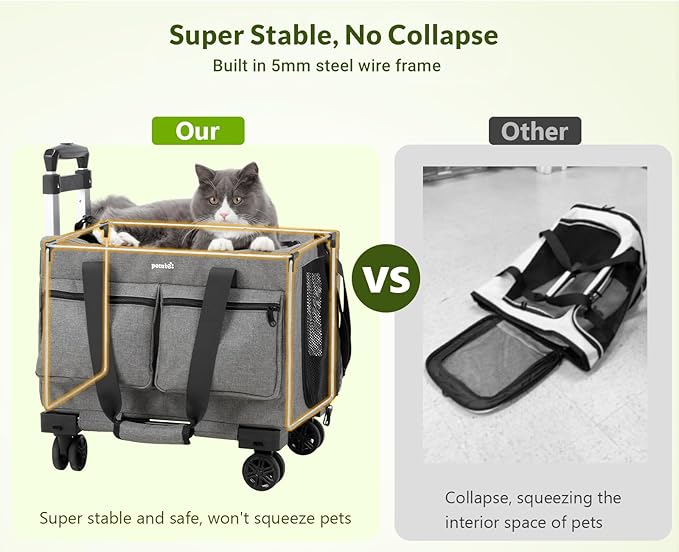 Pecute Cat Carrier with Wheels,Steel Wire Frame Cat Carrier, Stable Pet Trolley Bag for Cats, Pet Handbag and Stroller, Portable Cat Carrier Bag for Car Travel Bus Subway, Grey