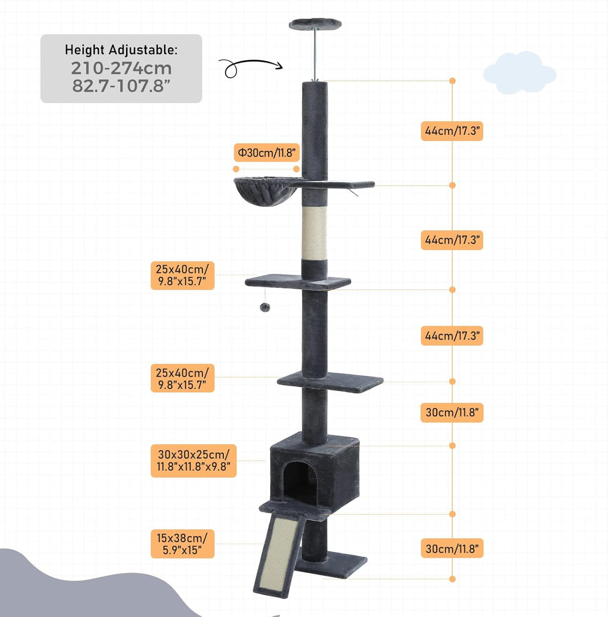 PEQULTI Floor to Ceiling Cat Tree, Tall Cat Tower, Adjustable Height (83''-108'') 5 Levels Climbing Tree for Indoor Cats with Cat Condo, Cozy Hammock and Scratching Post, Smoky Grey