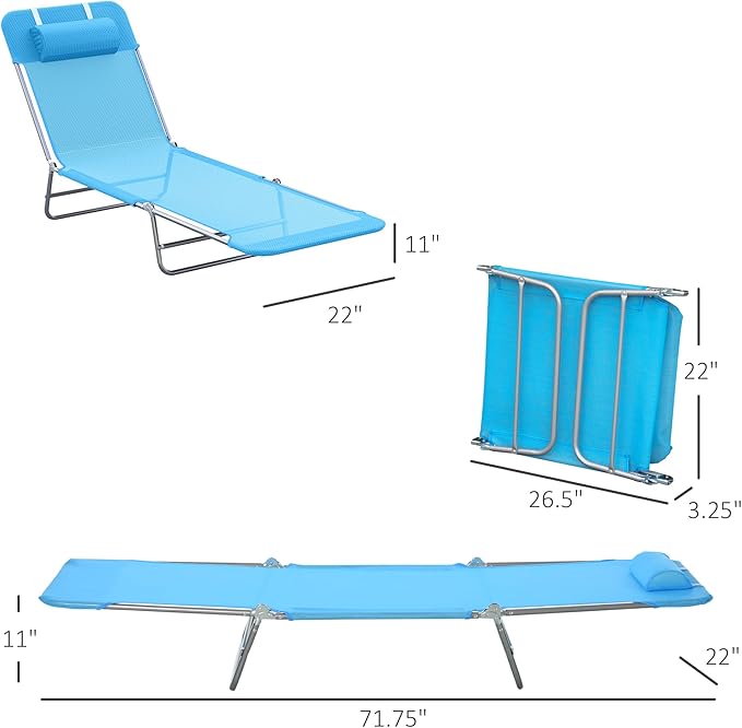 Outsunny Folding Chaise Lounge Pool Chairs, Outdoor Sun Tanning Chairs with Pillow, Reclining Back, Steel Frame & Breathable Mesh for Beach, Yard, Patio, Blue